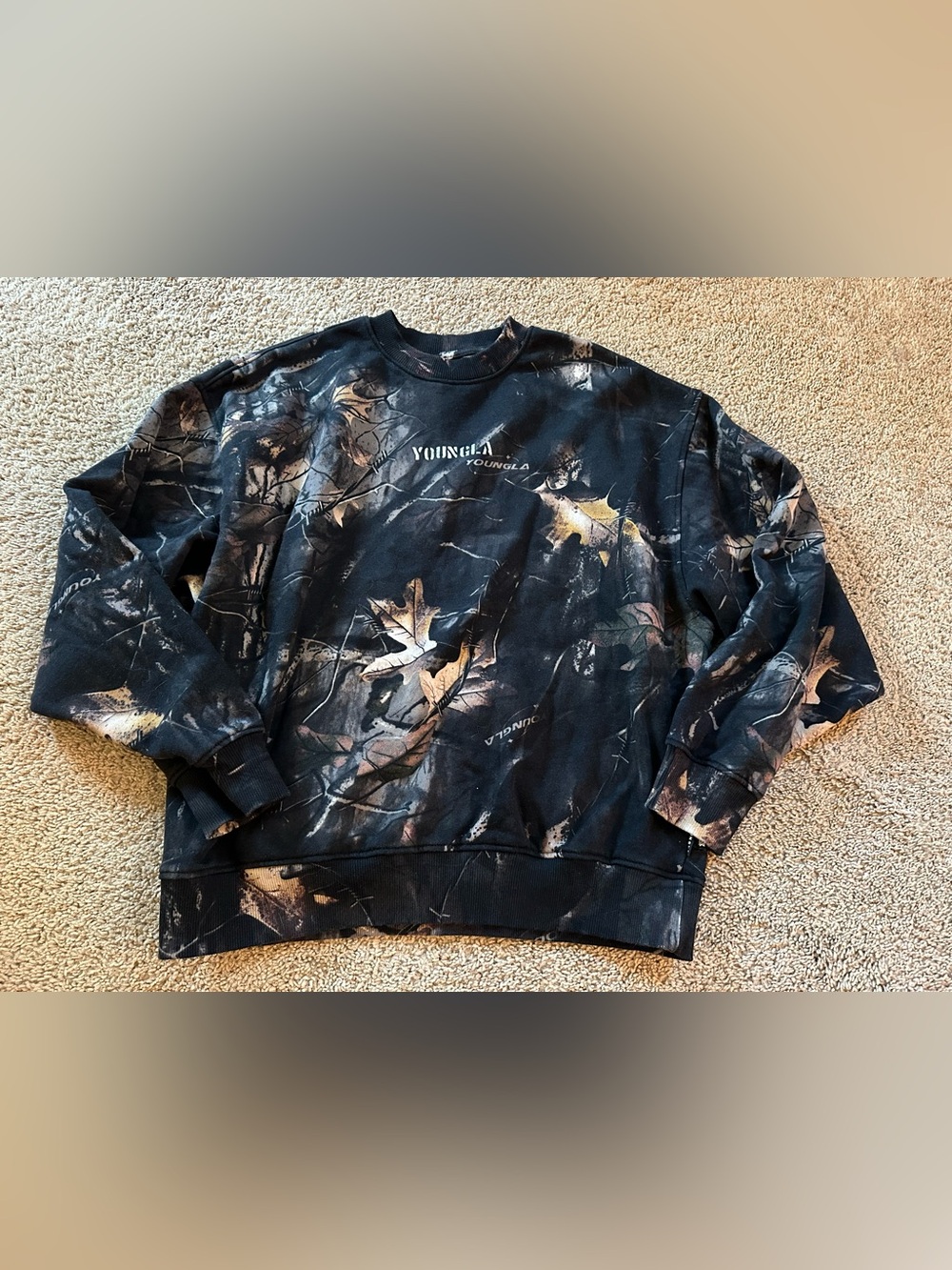 YoungLA Black and Brown Leaf Camo Crewneck Sweatshirt.